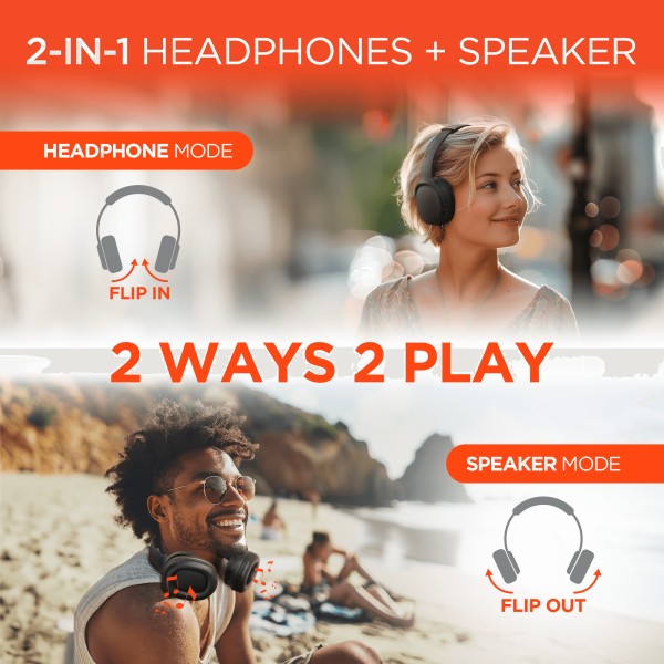 Promotional image showing a woman using 2-in-1 headphones in "Headphone Mode" and a man using them in "Speaker Mode" at the beach—highlighting dual functionality with the slogan "2 WAYS 2 PLAY" and flip-in/flip-out design.