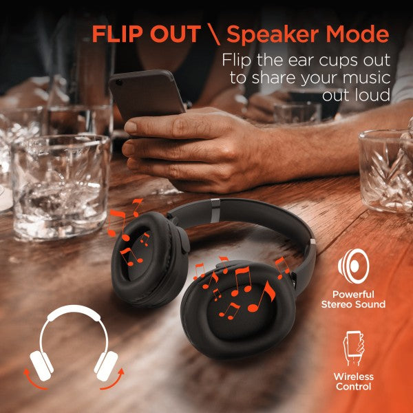 Black headphones in speaker mode with musical notes—shown in a social setting, highlighting wireless control and powerful stereo sound.