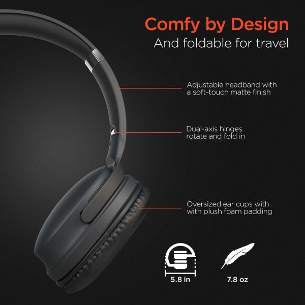 Foldable headphones promo highlighting comfort and portability—features include adjustable matte headband, dual-axis hinges, plush ear cups, and compact size (5.8 in, 7.8 oz).