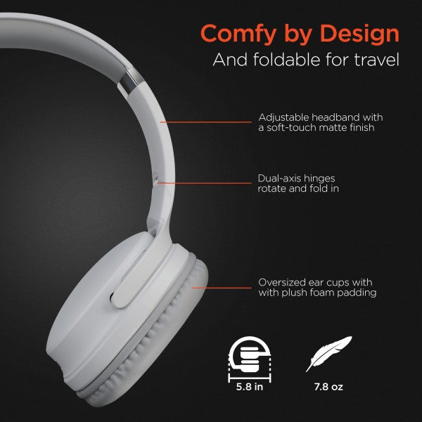 White foldable headphones with soft-touch matte finish—features include adjustable headband, dual-axis hinges, plush ear cups, and compact design for travel.