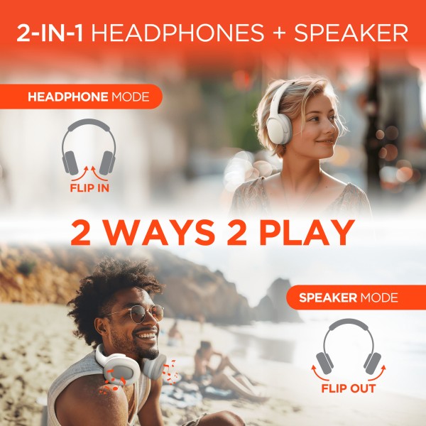 Promotional image showing a woman using 2-in-1 headphones in "Headphone Mode" and a man using them in "Speaker Mode" at the beach—highlighting dual functionality with the slogan "2 WAYS 2 PLAY" and flip-in/flip-out design.
