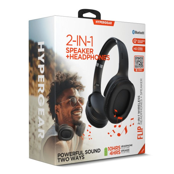 HYPERGEAR 2-IN-1 Bluetooth headphones and speaker—offers HD stereo sound, 10-hour headphone playtime, 4-hour speaker playtime, and flip-to-switch dual mode.