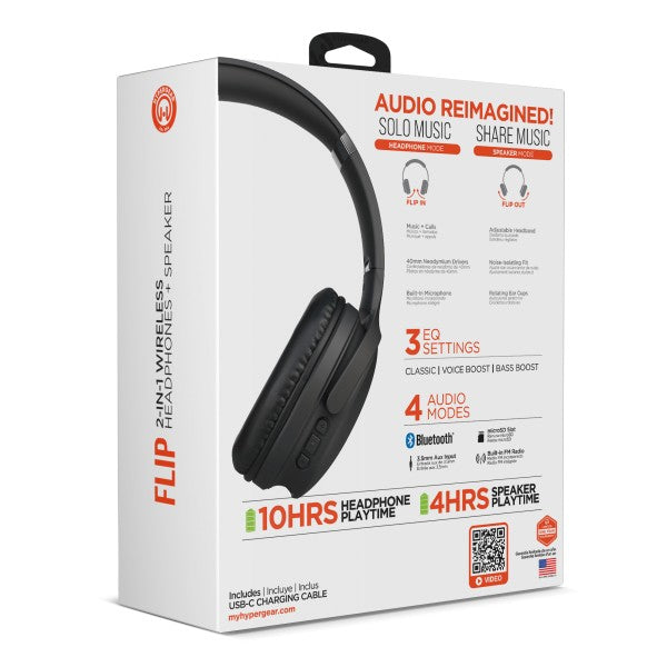 HYPERGEAR 2-IN-1 Bluetooth headphones and speaker—offers HD stereo sound, 10-hour headphone playtime, 4-hour speaker playtime, and flip-to-switch dual mode.