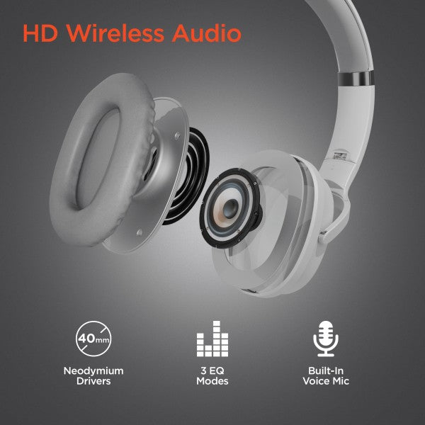 Wireless headphones promo—shows internal parts with 40mm drivers, 3 EQ modes, and built-in mic for HD audio.