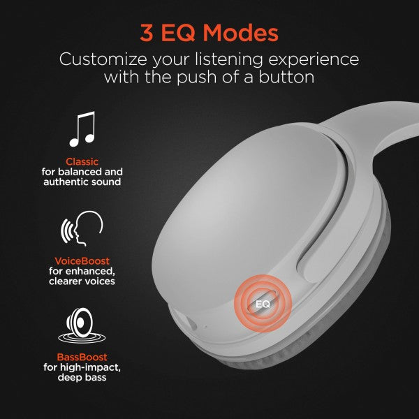 Close-up promo of headphone earcup showing "EQ" button—features three sound modes: Classic for balanced audio, VoiceBoost for clearer vocals, and BassBoost for deep bass.