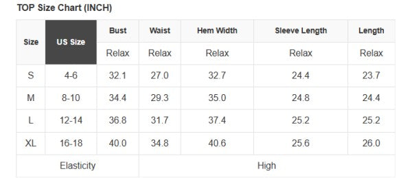 A size chart for a floral long sleeve top, perfect for sunny outdoor days.