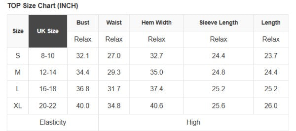 A size chart for a floral long sleeve top, perfect for sunny outdoor days.