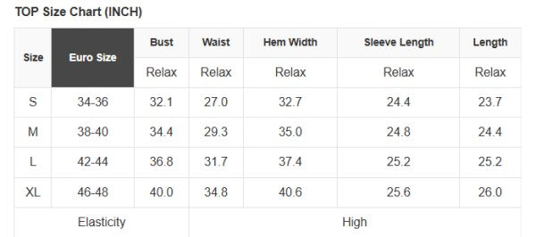 A size chart for a floral long sleeve top, perfect for sunny outdoor days.