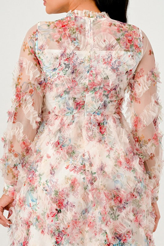 woman models an elegant floral midi dress with sheer long sleeves, a high neck, and textured ruffled details for a romantic look, close up back view.