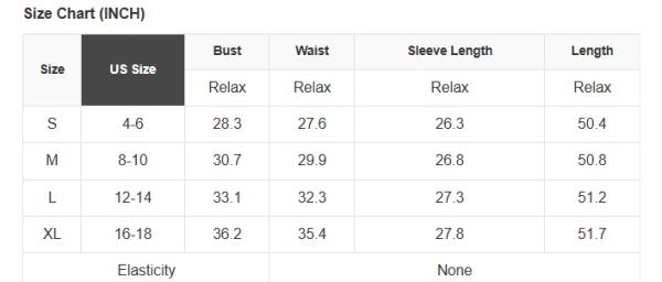 Size chart for clothing measurements in inches