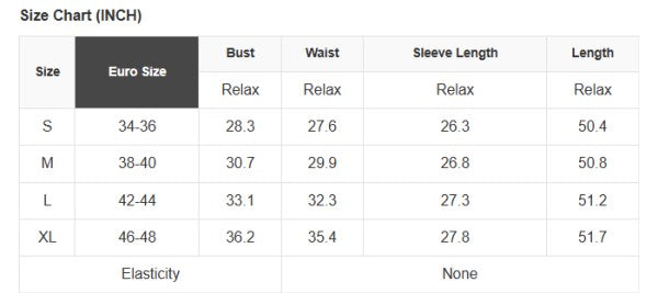 Size chart for clothing with Euro size equivalents, bust, waist, sleeve length, and length measurements.