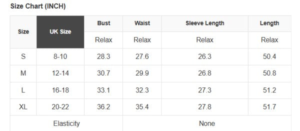 Size chart for clothing measurements in inches with UK size labels.