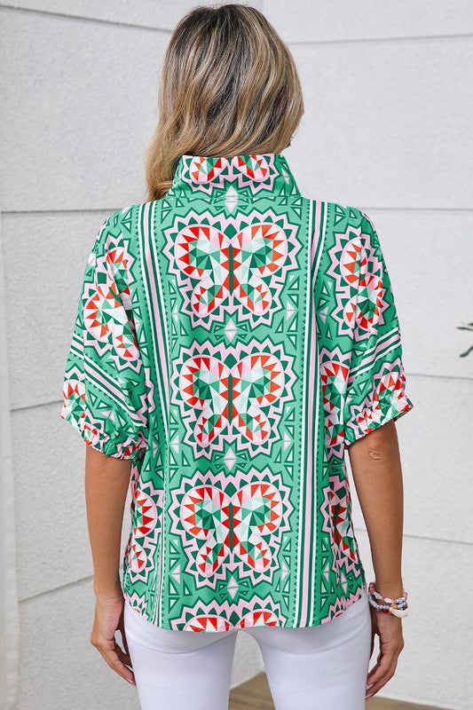 Green geometric print gives it modern boho flair.