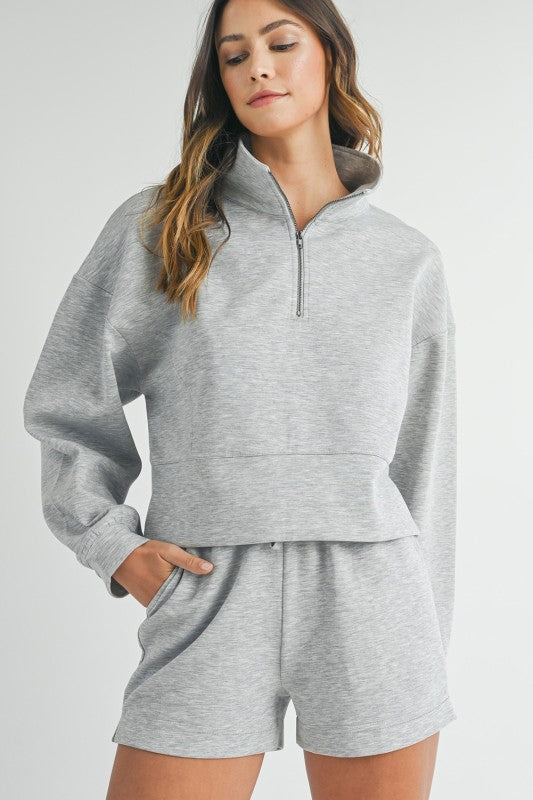 Grey Zip Neck Sweatshirt & Shorts Set