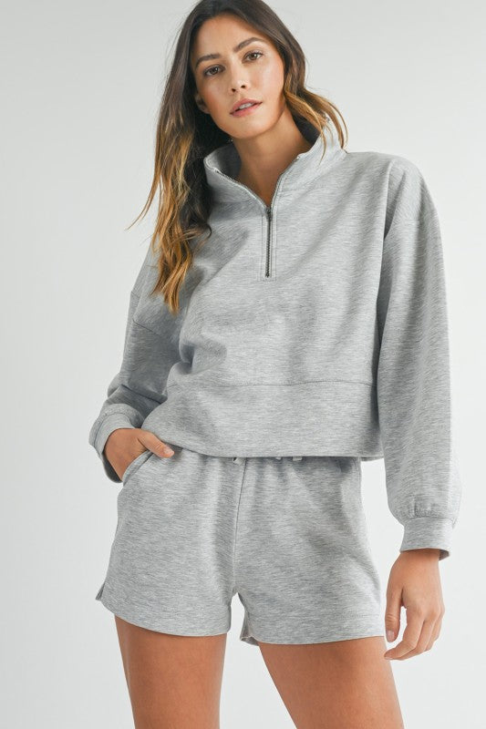 Grey Zip Neck Sweatshirt & Shorts Set