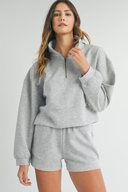 Grey Zip Neck Sweatshirt & Shorts Set