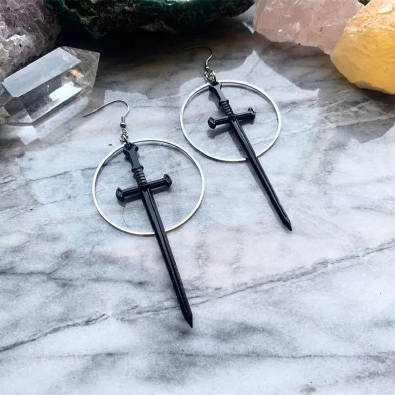 Gothic Black Night Warrior Earrings Sun Ring Sword Earrings Classic Eardrop Big Sword Statement Mystical Jewellery Women Gift