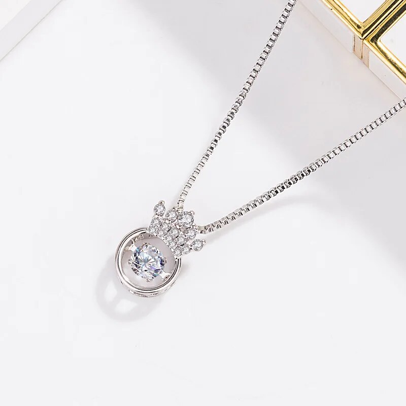 Cellacity Silver 925 Jewelry Round Gemstones Crown Pendant Necklace for Women Beating heart Trendy Female Clavicle Chain Gifts