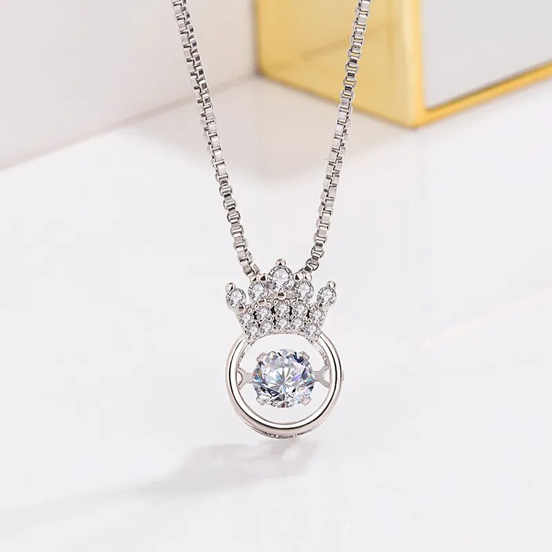Cellacity Silver 925 Jewelry Round Gemstones Crown Pendant Necklace for Women Beating heart Trendy Female Clavicle Chain Gifts