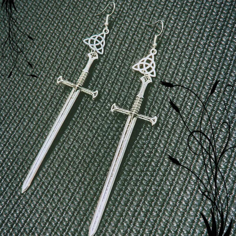 Gothic Black Night Warrior Earrings Sun Ring Sword Earrings Classic Eardrop Big Sword Statement Mystical Jewellery Women Gift