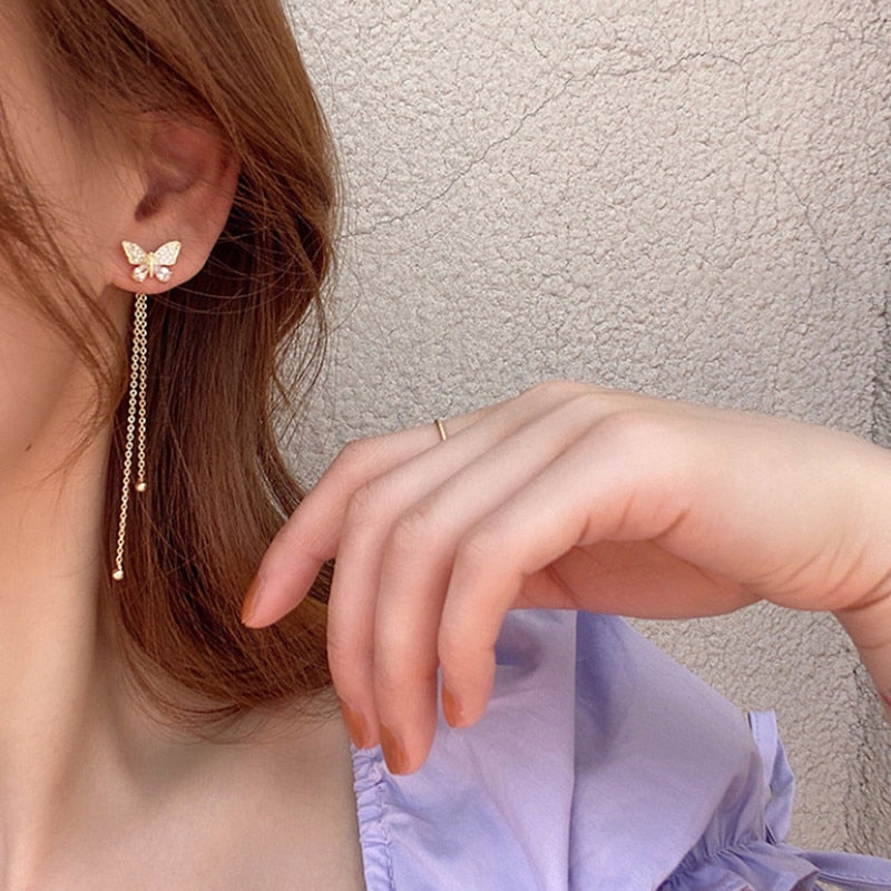 Trend Simulation Pearl Long Earrings Female Moon Star Flower Rhinestone Wedding Pendant Earrings Fashion Korean Jewelry Earrings