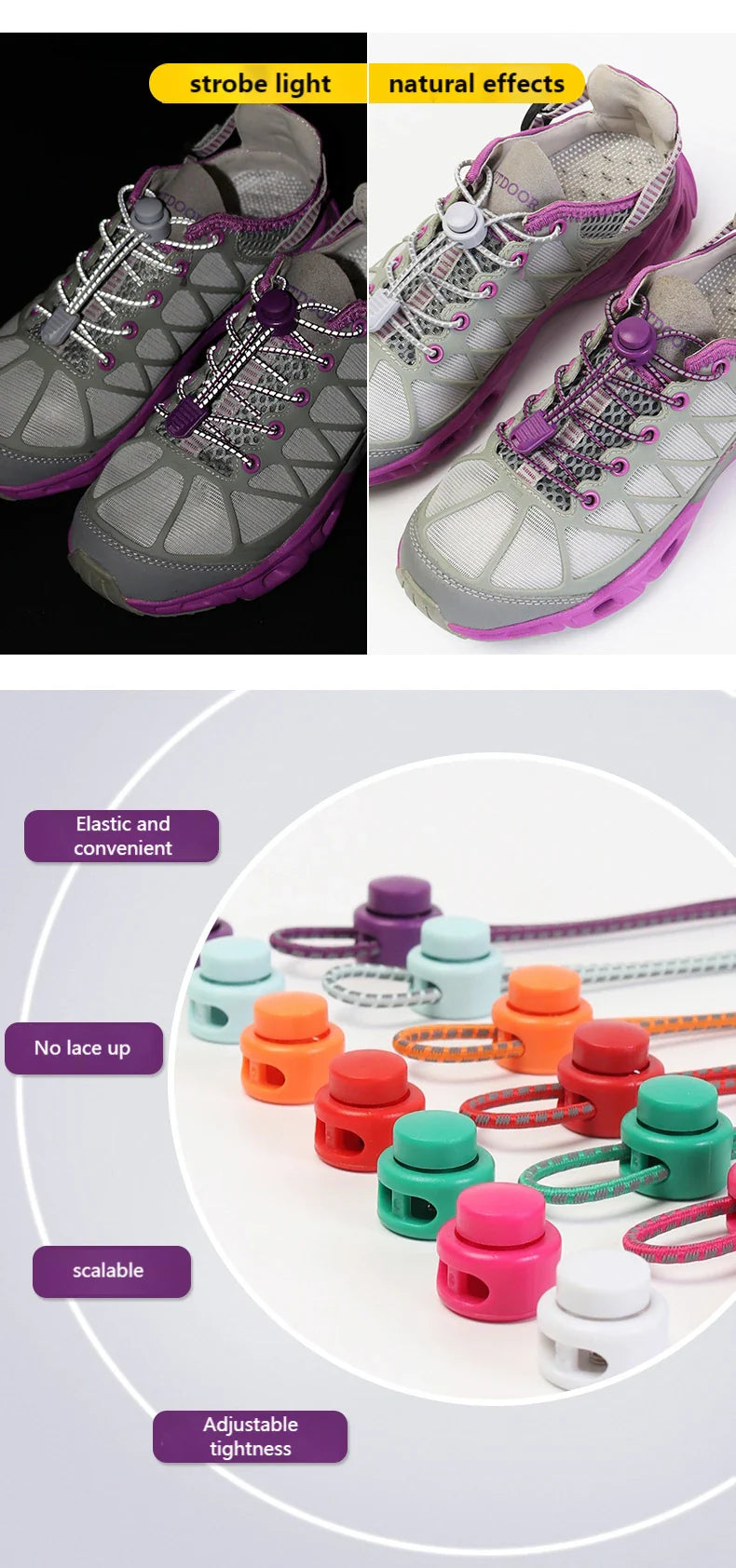 1 Pair Elastic Shoelaces Reflective Push The Spring Lock No Tie Shoe Laces Used For Sneakers Hiking Shoes Lazy Lace Round