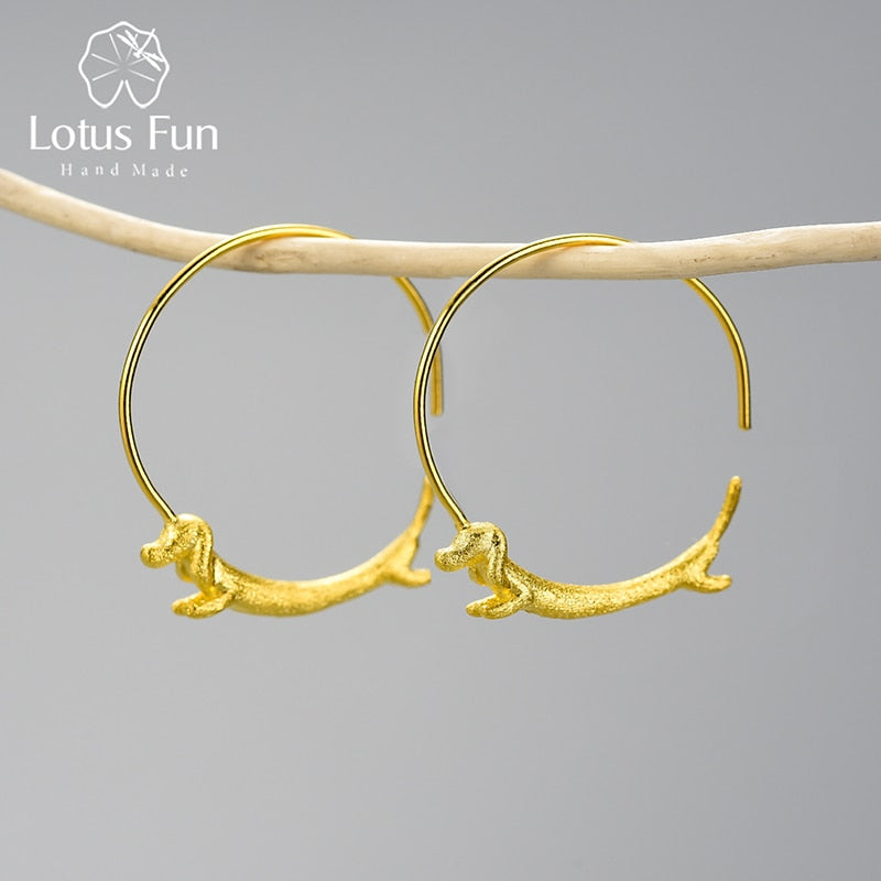 Lotus Fun Lovely Flying Dachshund Dog Big Round Hoop Earrings Real 925 Sterling Silver 18K Gold Earrings for Women Jewelry 2021