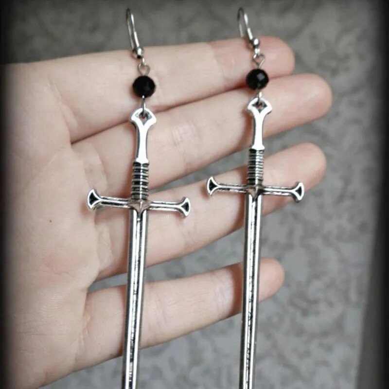 Gothic Black Night Warrior Earrings Sun Ring Sword Earrings Classic Eardrop Big Sword Statement Mystical Jewellery Women Gift