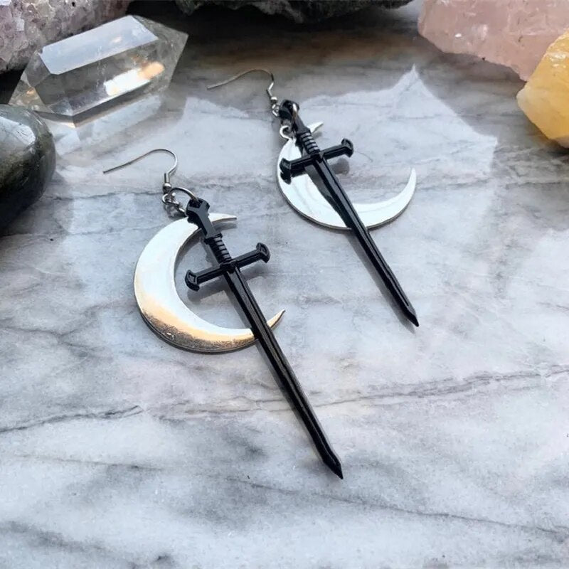 Gothic Black Night Warrior Earrings Sun Ring Sword Earrings Classic Eardrop Big Sword Statement Mystical Jewellery Women Gift