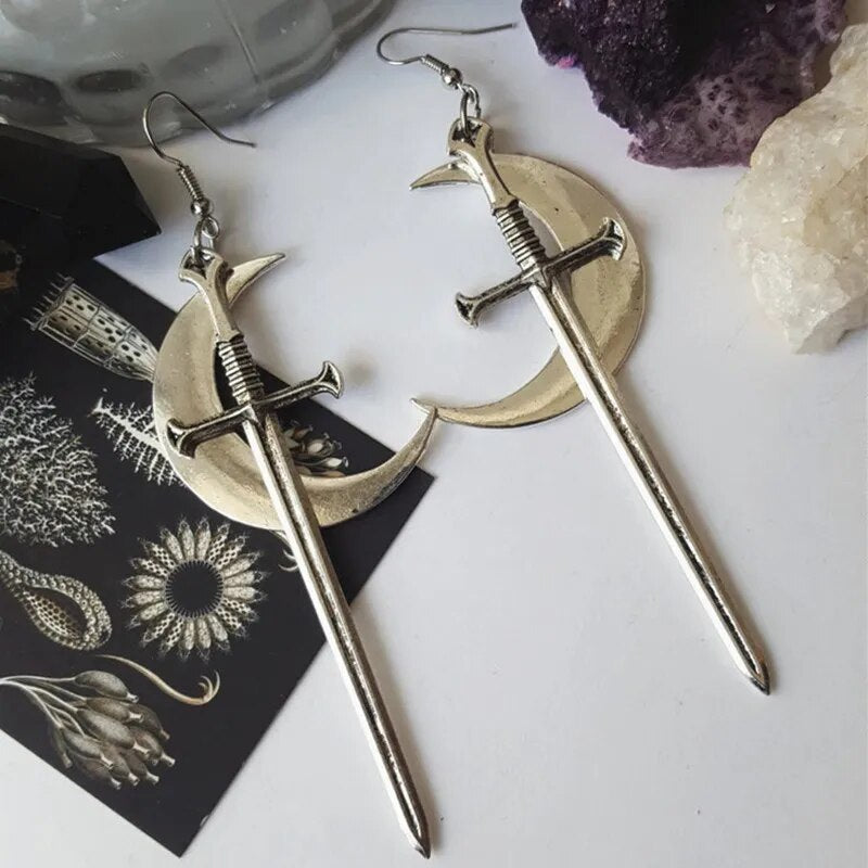 Gothic Black Night Warrior Earrings Sun Ring Sword Earrings Classic Eardrop Big Sword Statement Mystical Jewellery Women Gift