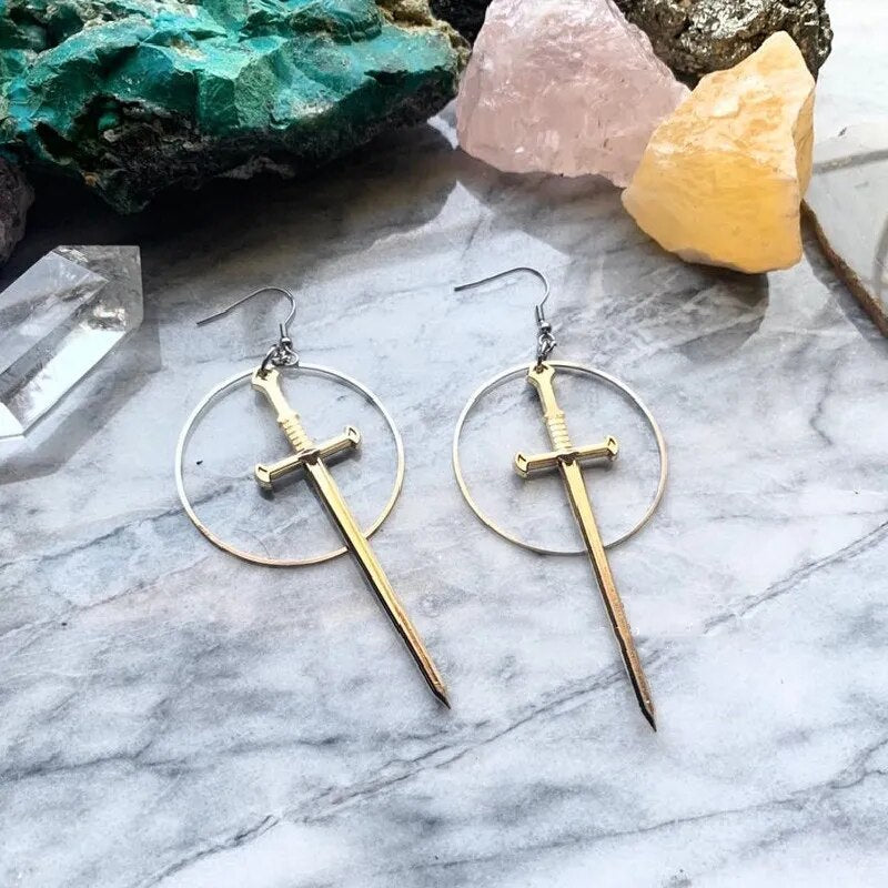 Gothic Black Night Warrior Earrings Sun Ring Sword Earrings Classic Eardrop Big Sword Statement Mystical Jewellery Women Gift