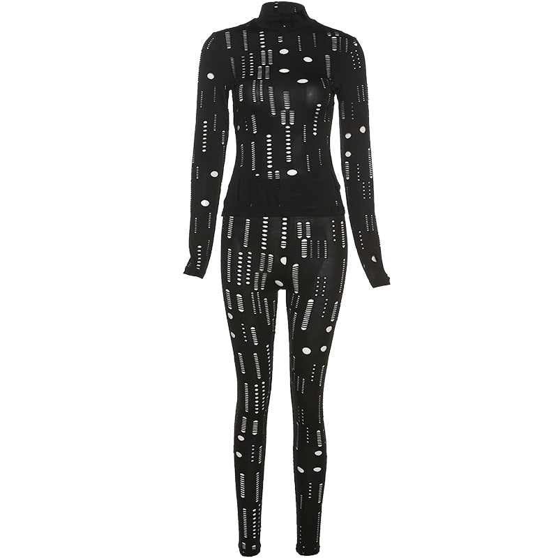 Women Autumn Biker Style Two Piece Set Hollow Out Long Sleeve Turtleneck Top+Solid Sheath Stretchy Waist Female Pants
