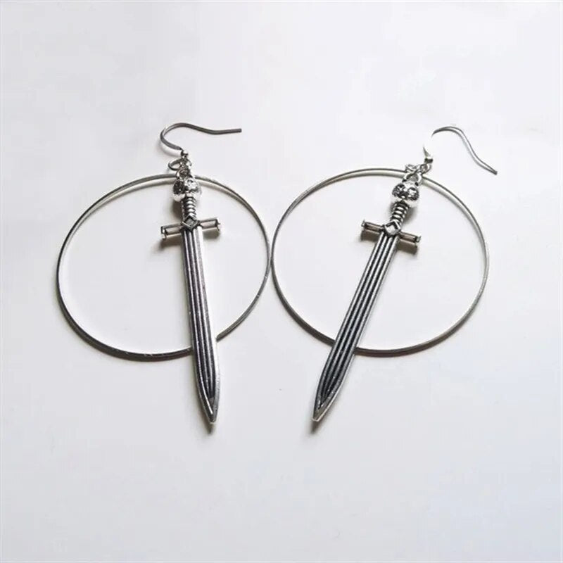 Gothic Black Night Warrior Earrings Sun Ring Sword Earrings Classic Eardrop Big Sword Statement Mystical Jewellery Women Gift