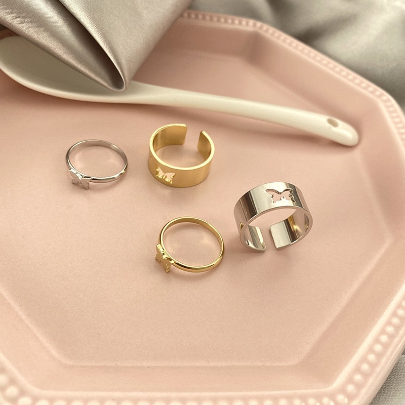 Vintage Butterfly Rings For Women Men Couple Ring Set Open Cuff Engagement Wedding Rings Adjustable Matching Ring Jewelry Bague