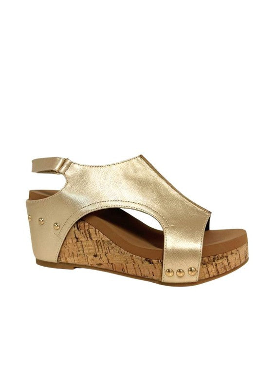 Platform wedge sandals with textured fabric upper, cutout design, ankle strap buckle, cork wedge heel, and open-toe style
