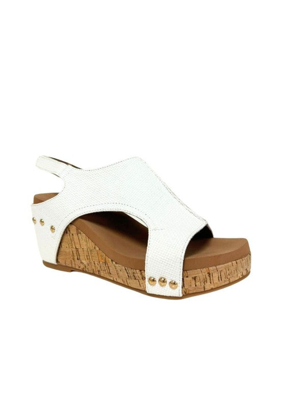 Platform wedge sandals with textured fabric upper, cutout design, ankle strap buckle, cork wedge heel, and open-toe style