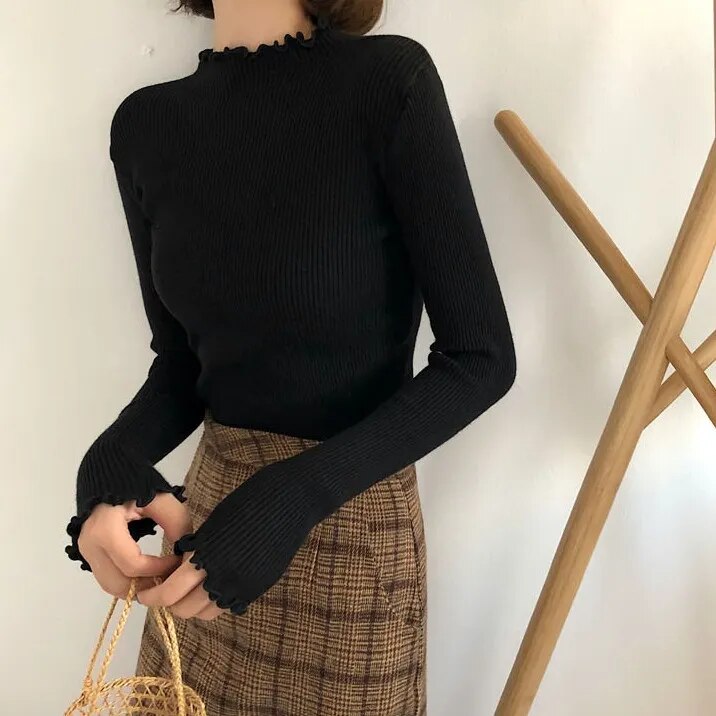 Turtleneck Ruched Women Sweater High Elastic Solid 2022 Fall Winter Fashion Sweater Women Slim Sexy Knitted Pullovers Pink White