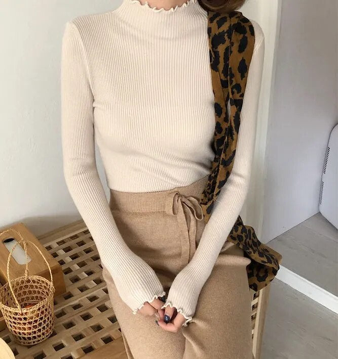Turtleneck Ruched Women Sweater High Elastic Solid 2022 Fall Winter Fashion Sweater Women Slim Sexy Knitted Pullovers Pink White