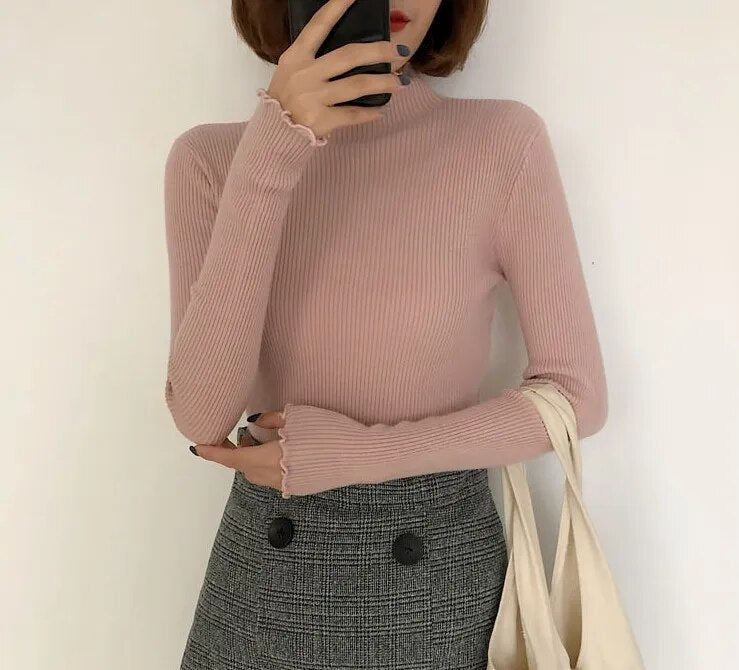 Turtleneck Ruched Women Sweater High Elastic Solid 2022 Fall Winter Fashion Sweater Women Slim Sexy Knitted Pullovers Pink White