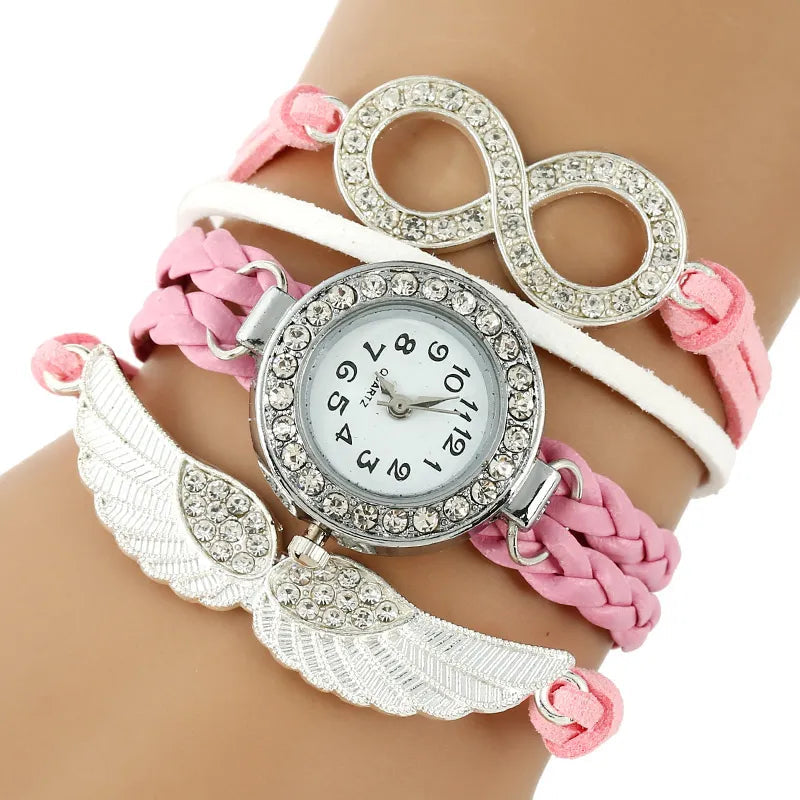 NEW fashion Angel Wings MUSIC Bracelet Watch women Parcords PU leather shammy Gift rhinestone wristwatch Geneva Style