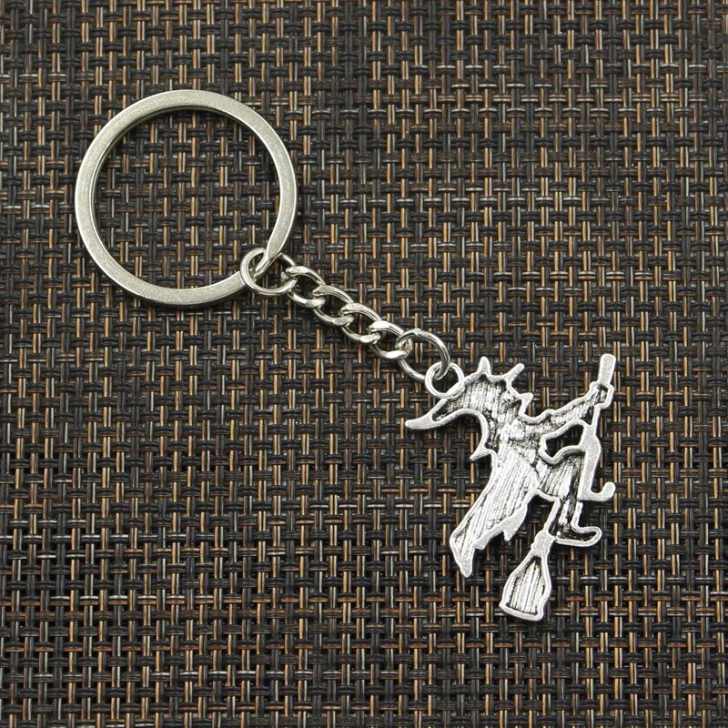 Fashion 30mm Key Ring Metal Key Chain Keychain Jewelry Antique Silver Color Plated Witch Broomstick Halloween 36x34mm Pendant