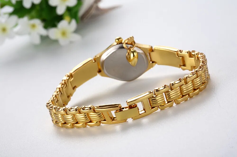 Women Lady's luxury royal gold Dial honey heart pendant stainless steel Bracelet Watch Time Quartz