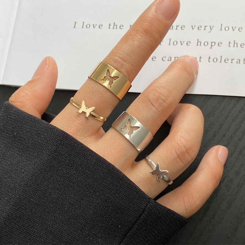 Vintage Butterfly Rings For Women Men Couple Ring Set Open Cuff Engagement Wedding Rings Adjustable Matching Ring Jewelry Bague