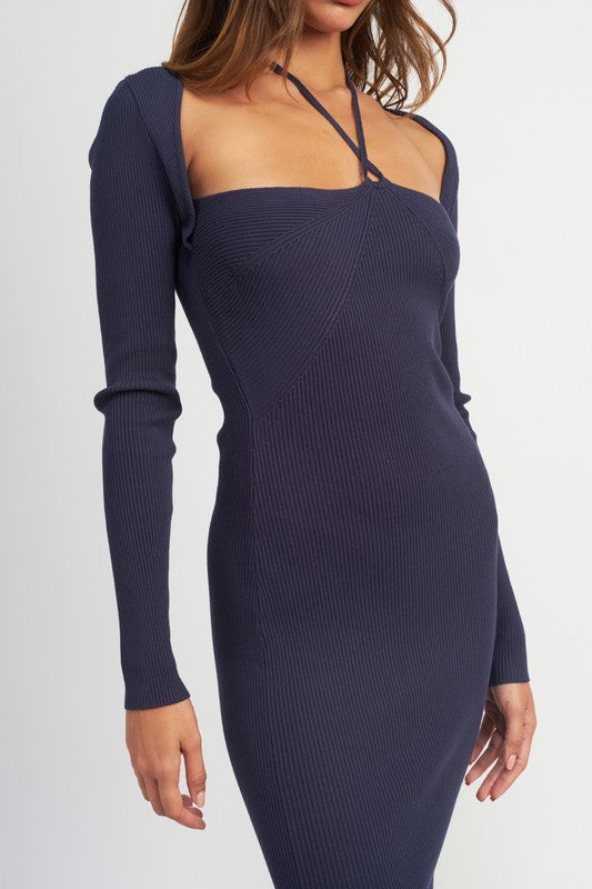 Navy ribbed dress with long sleeves on a white background