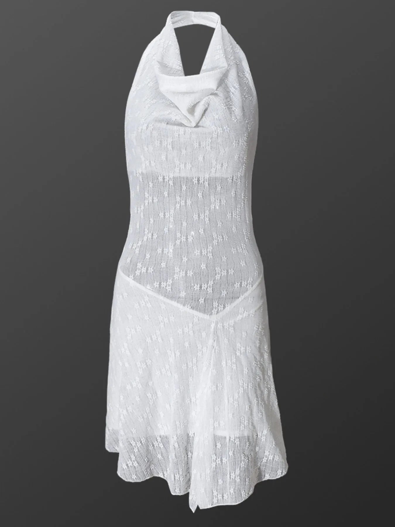 Sleeveless halter neck mini dress with fitted bodice and flared hem — elegant and versatile for evening or casual outings