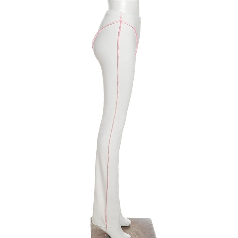 Women Unique Bright Line Casual Trousers Decoration Irregular Shape Pants High Waist Stretchy Sporty Casualwear