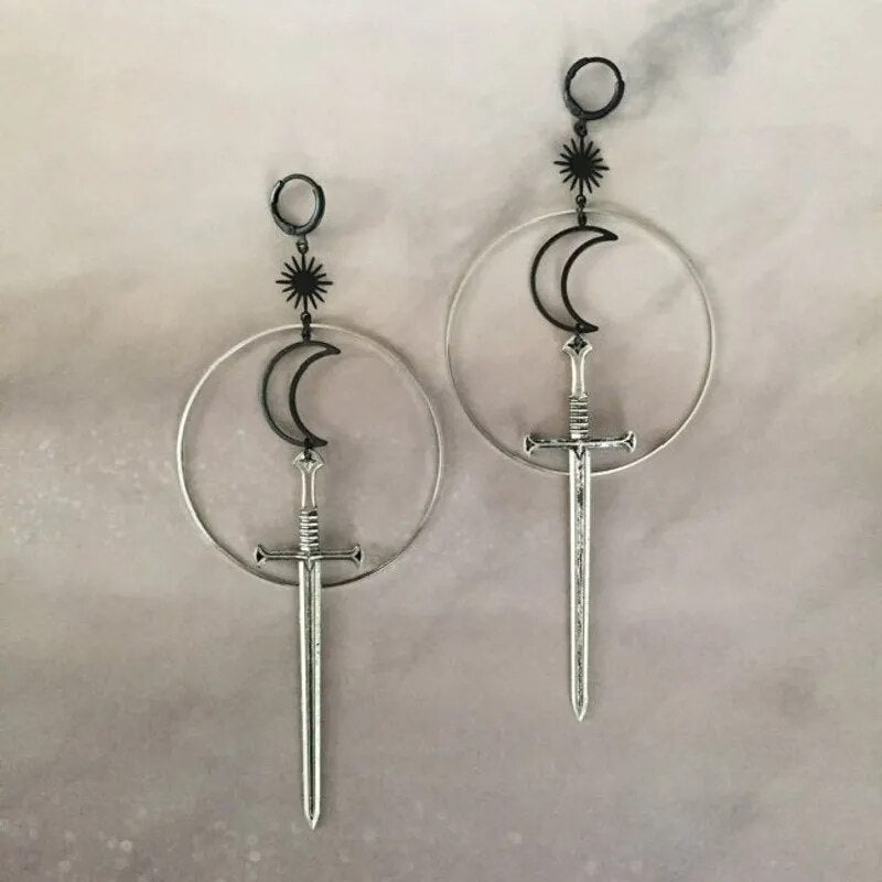 Gothic Black Night Warrior Earrings Sun Ring Sword Earrings Classic Eardrop Big Sword Statement Mystical Jewellery Women Gift