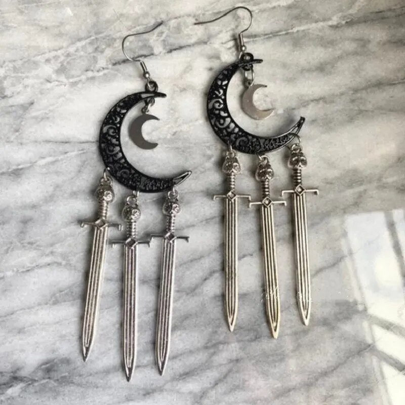 Gothic Black Night Warrior Earrings Sun Ring Sword Earrings Classic Eardrop Big Sword Statement Mystical Jewellery Women Gift