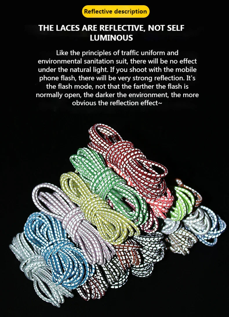 1 Pair Elastic Shoelaces Reflective Push The Spring Lock No Tie Shoe Laces Used For Sneakers Hiking Shoes Lazy Lace Round
