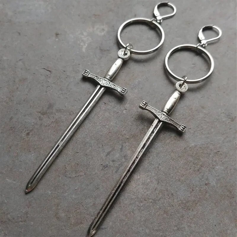 Gothic Black Night Warrior Earrings Sun Ring Sword Earrings Classic Eardrop Big Sword Statement Mystical Jewellery Women Gift